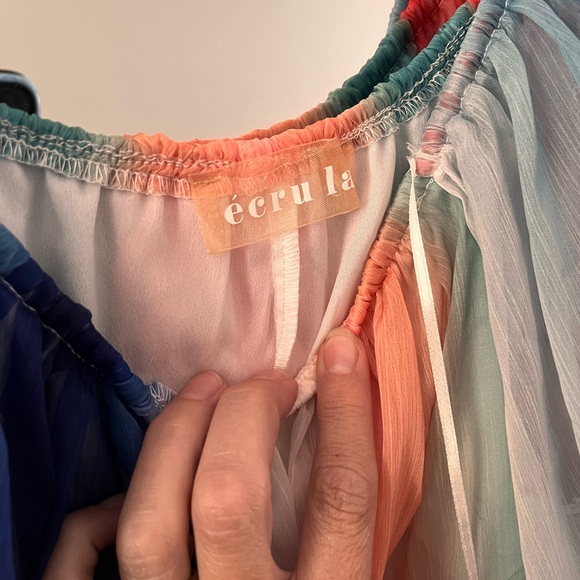 Multi colored striped off shoulder semi sheer sleeves dress Ecru lab size medium - Picture 3 of 3